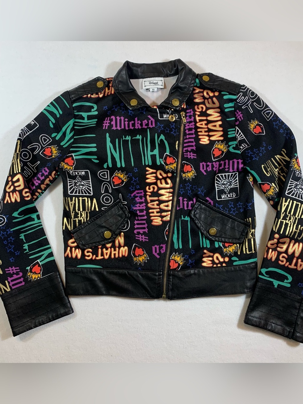 D-Signed Disney Wicked Girls XS 6 Full Zip Biker Jacket Graphic Print Multicolor